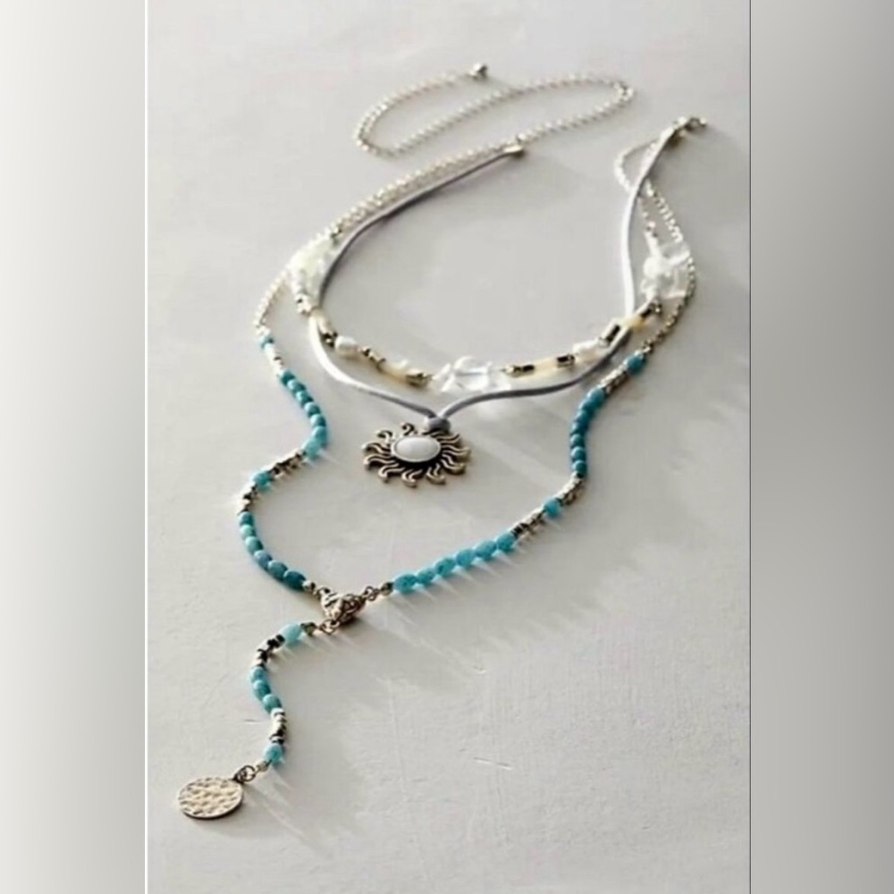 Free People One With The Sun Blue Layered Necklace Sunburst Pendant Beaded Chain